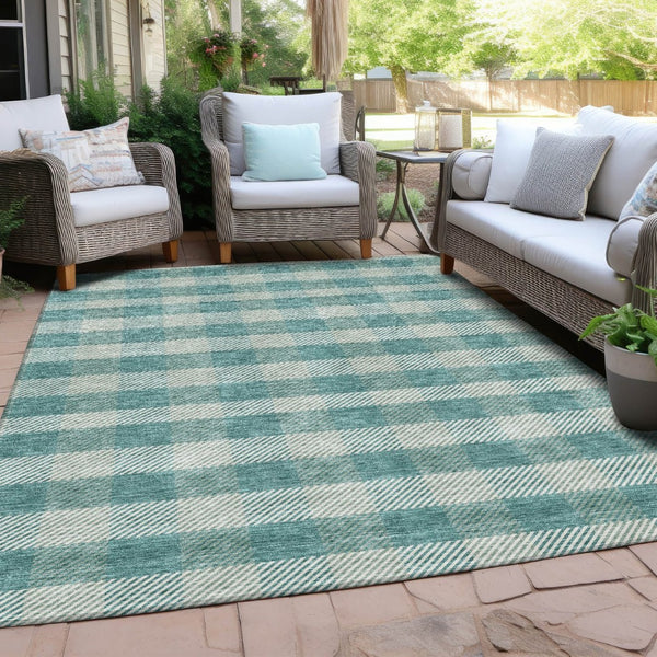HomeRoots 5' Stylish Teal Blue and Ivory Plaid Indoor Outdoor Area Rug - Durable, Washable, Versatile Design 10' X 14' 595516