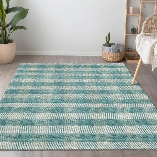 HomeRoots 5' Stylish Teal Blue and Ivory Plaid Indoor Outdoor Area Rug - Durable, Washable, Versatile Design 10' X 14' 595516