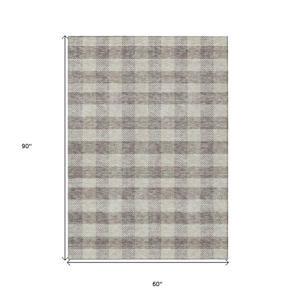 HomeRoots 5' Taupe and Gray Plaid Washable Area Rug - Durable, Versatile, Stylish for Indoor and Outdoor Spaces 5' X 8' 595518