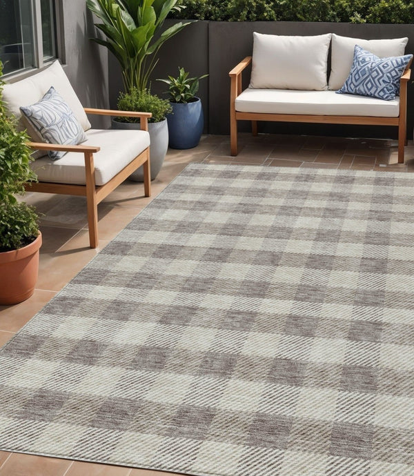 HomeRoots 5' Taupe and Gray Plaid Washable Area Rug - Durable, Versatile, Stylish for Indoor and Outdoor Spaces 5' X 8' 595518