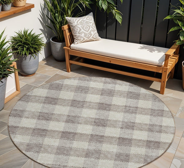HomeRoots 5' Taupe and Gray Plaid Washable Area Rug - Durable, Versatile, Stylish for Indoor and Outdoor Spaces 8' Round 595519