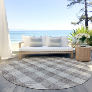 HomeRoots 5' Taupe and Gray Plaid Washable Area Rug - Durable, Versatile, Stylish for Indoor and Outdoor Spaces 8' Round 595519