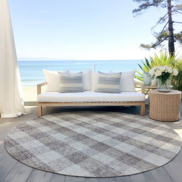 HomeRoots 5' Taupe and Gray Plaid Washable Area Rug - Durable, Versatile, Stylish for Indoor and Outdoor Spaces 8' Round 595519