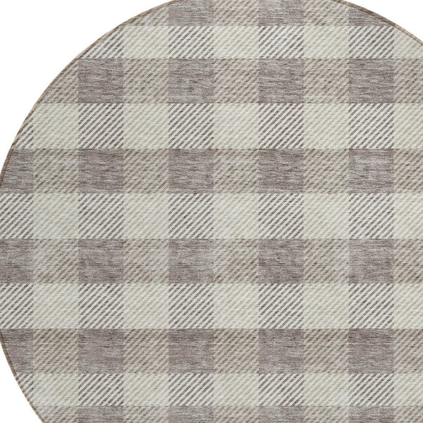 HomeRoots 5' Taupe and Gray Plaid Washable Area Rug - Durable, Versatile, Stylish for Indoor and Outdoor Spaces 8' Round 595519