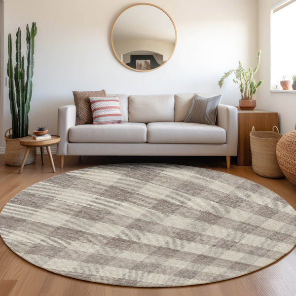 HomeRoots 5' Taupe and Gray Plaid Washable Area Rug - Durable, Versatile, Stylish for Indoor and Outdoor Spaces 8' Round 595519