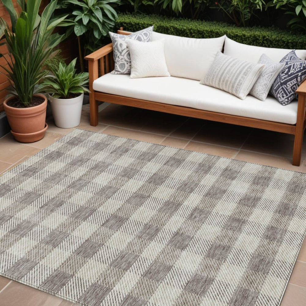 HomeRoots 9' X 12' Taupe and Gray Plaid Rug - Washable Indoor/Outdoor Area Rug, Stain-Resistant & Durable Design 595521