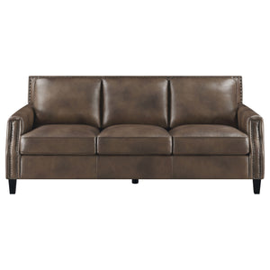 English Elm Gunderson Brown Sugar Top Grain Leather Sofa with Hammered Brass Nailheads, Track Arms, 83" Wide B062P357809