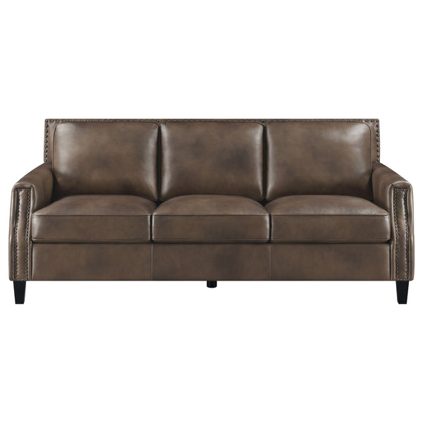 English Elm Gunderson Brown Sugar Top Grain Leather Sofa with Hammered Brass Nailheads, Track Arms, 83" Wide B062P357809