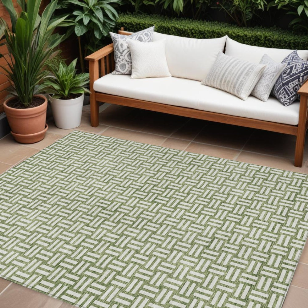 HomeRoots 9' X 12' Green and Ivory Geometric Area Rug - Stylish, Washable, Durable for Indoor & Outdoor Spaces 595551