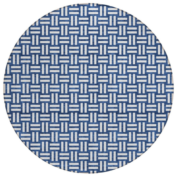 HomeRoots 5' Stylish Navy Blue and Ivory Geometric Area Rug - Durable, Washable for Indoor and Outdoor Use 8' Round 595573