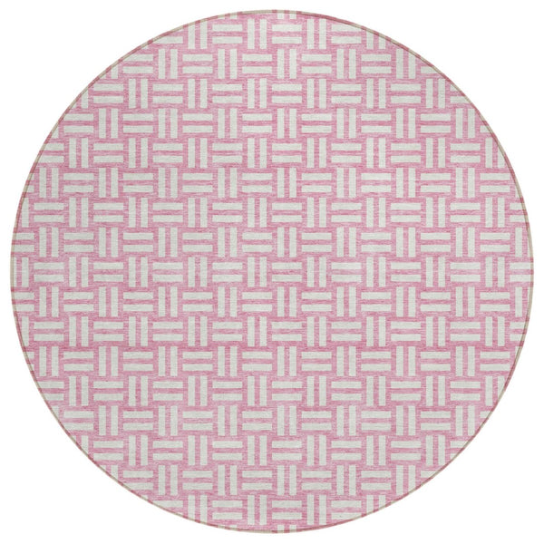 HomeRoots 5' Pink and Ivory Geometric Washable Indoor-Outdoor Area Rug for Modern Homes and Patios 8' Round 595585