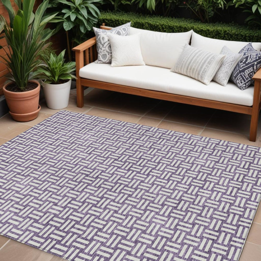 HomeRoots 5' Bold Purple and Ivory Geometric Area Rug – Stylish, Washable, Indoor/Outdoor Floor Covering 8' X 10' 595592