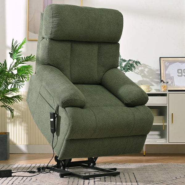 English Elm Oversized Power Lift Recliner Chair with Remote Control, Spacious Fabric Seat and Side Pocket for Comfort and Support Dark Green W1028P261277