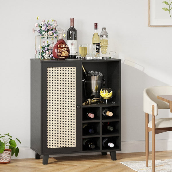 English Elm Rattan Cane Front Sideboard with Drawers Adjustable Shelf Bohemian Storage Cabinet Black T3623P434767