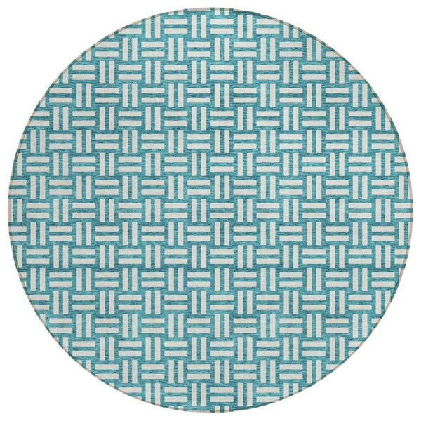 HomeRoots 5' Teal Blue and Gray Geometric Area Rug - Stylish, Washable, Durable for Indoor and Outdoor Use 8' Round 595603
