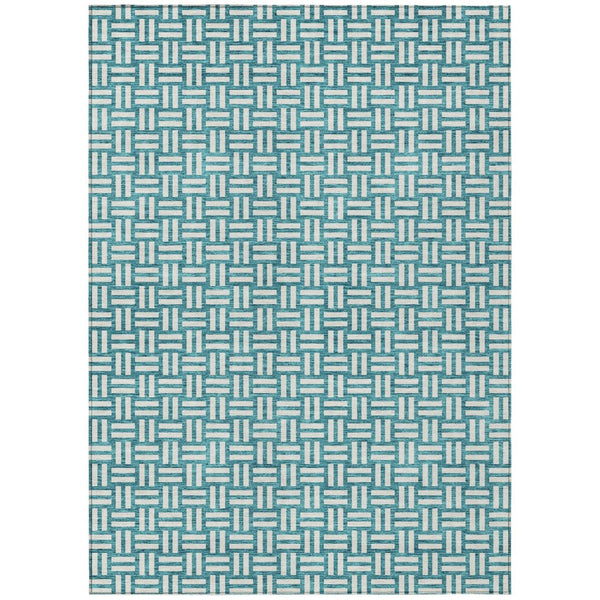 HomeRoots 5' Teal Blue and Gray Geometric Area Rug - Stylish, Washable, Durable for Indoor and Outdoor Use 8' X 10' 595604
