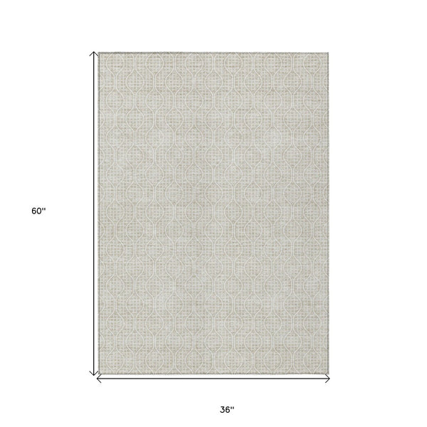 Homeroots 3' Stylish Beige And Ivory Geometric Washable Rug For Indoor And Outdoor Spaces, Durable Design 3' X 5' Polyester 595619