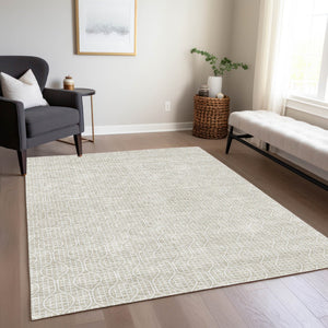 Homeroots 3' Stylish Beige And Ivory Geometric Washable Rug For Indoor And Outdoor Spaces, Durable Design 10' X 14' Polyester 595624