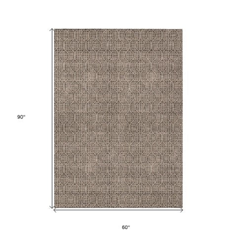 Homeroots 3' Stylish Beige And Ivory Geometric Washable Rug For Indoor And Outdoor Spaces, Durable Design 5' X 8' Polyester 595632