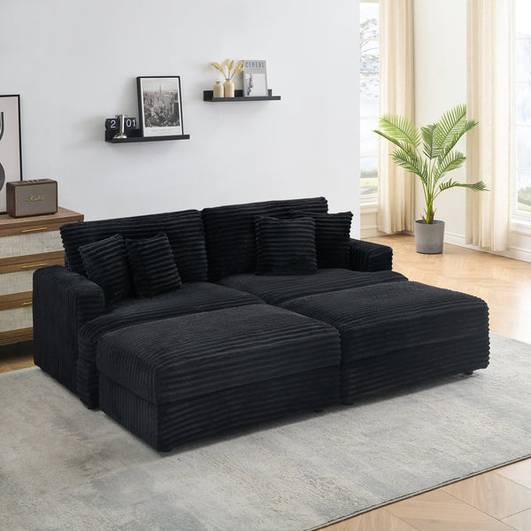English Elm 82-Inch Black Corduroy Sofa With Storage Footrests & 4 Washable Pillows – Chic Living Room Upgrade! W1658S00114