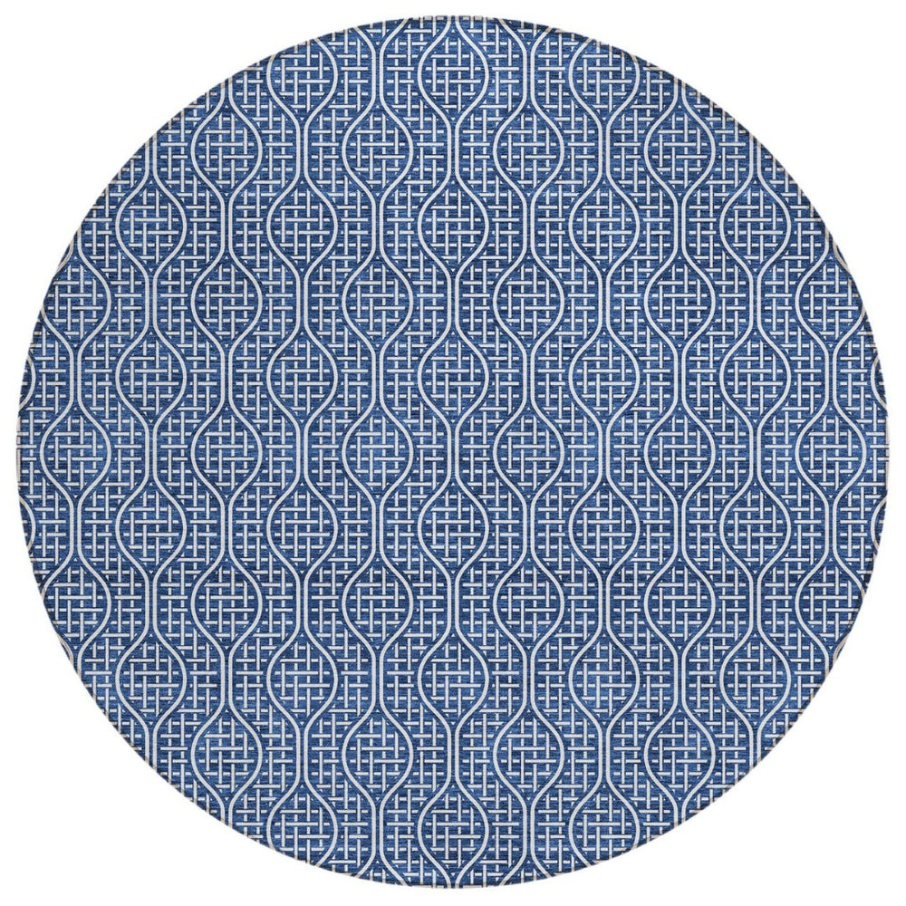 HomeRoots 5' Navy Blue and Ivory Geometric Area Rug – Stylish, Durable, Washable Indoor Outdoor Design for Any Space 8' Round 595663
