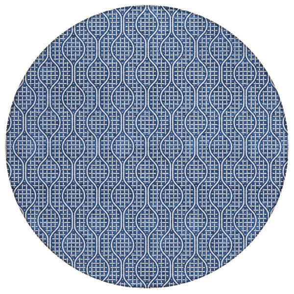 HomeRoots 5' Navy Blue and Ivory Geometric Area Rug – Stylish, Durable, Washable Indoor Outdoor Design for Any Space 8' Round 595663