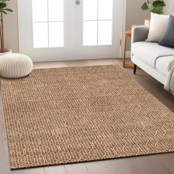 Homeroots 3' Stylish Beige And Ivory Geometric Washable Rug For Indoor And Outdoor Spaces, Durable Design 5' X 8' Polyester 595668
