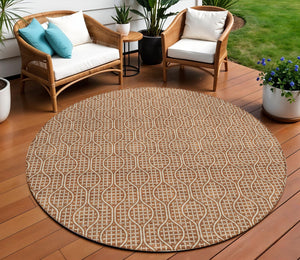 Homeroots 3' Stylish Beige And Ivory Geometric Washable Rug For Indoor And Outdoor Spaces, Durable Design 8' Round Polyester 595669