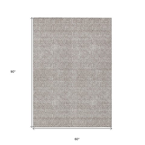 Homeroots 3' Stylish Beige And Ivory Geometric Washable Rug For Indoor And Outdoor Spaces, Durable Design 5' X 8' Polyester 595692