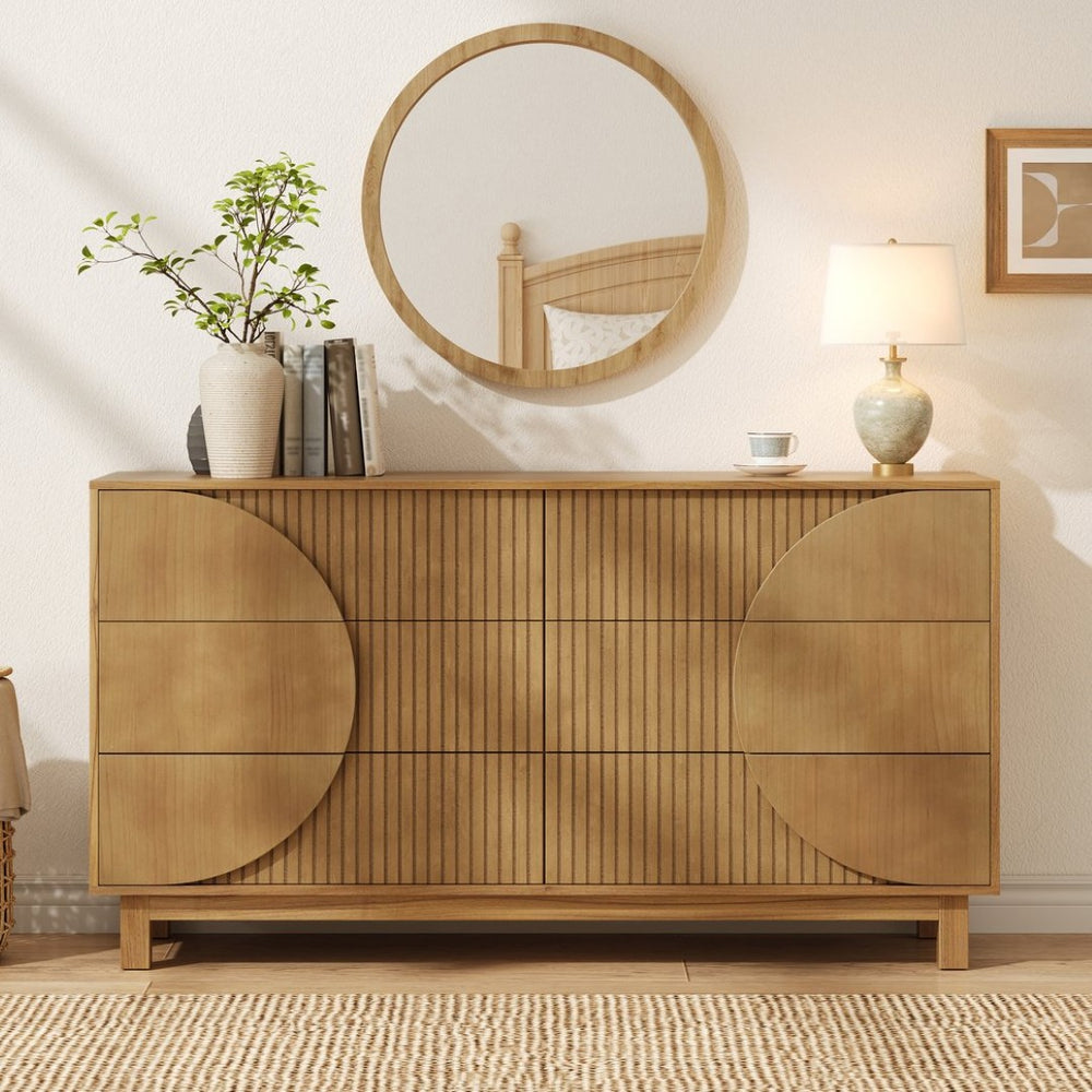 English Elm Modern Fluted 6 Drawer Dresser with Solid Wood Legs Japandi Chest for Bedroom Brown N739S0000015N