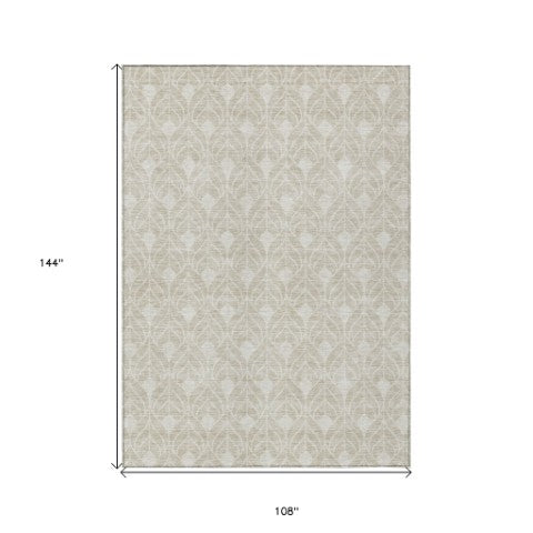 Homeroots 3' Beige And Ivory Geometric Washable Area Rug For Indoor & Outdoor Spaces, Durable And Stylish 9' X 12' Polyester 595707