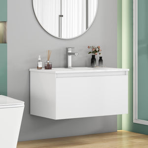 English Elm 32-Inch Wall-Mounted Bathroom Vanity With Soft-Close Drawer, Ceramic Sink, Matte White Finish, Modern Design W3151S00042