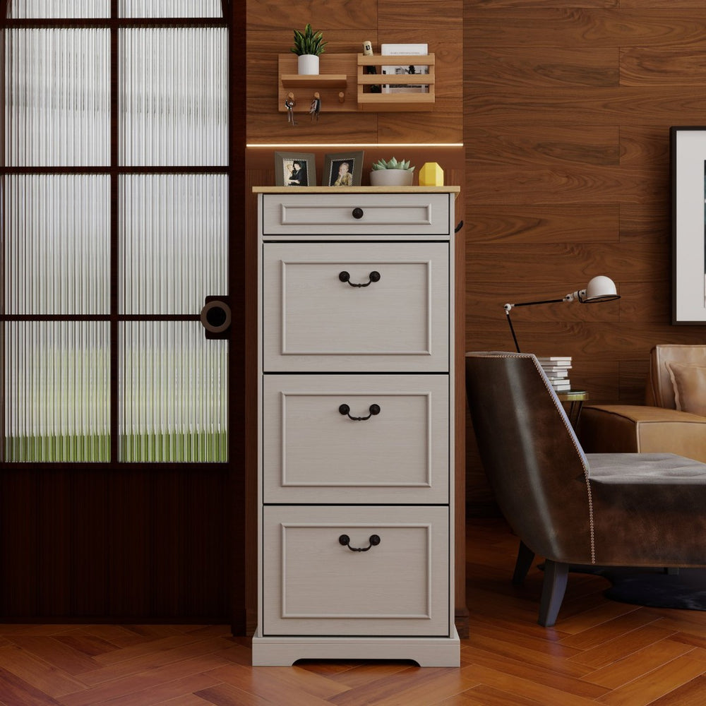 English Elm Shoe Storage Cabinet - Slim Freestanding Organizer With 1 Drawer, 3 Flip Drawers & Adjustable Shelf W1120P290634-GIGA