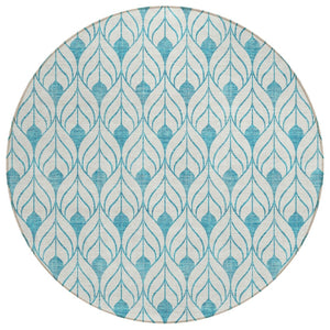 HomeRoots 5' Stylish Teal Blue & Ivory Geometric Area Rug - Durable, Washable, Perfect for Indoor/Outdoor Spaces 8' Round 595777