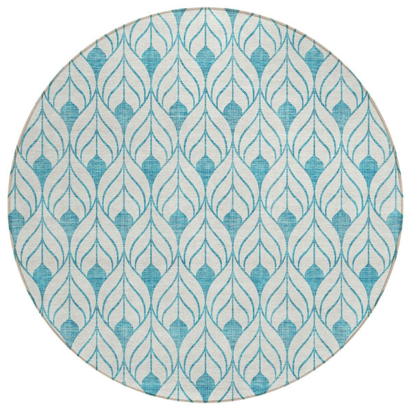 HomeRoots 5' Stylish Teal Blue & Ivory Geometric Area Rug - Durable, Washable, Perfect for Indoor/Outdoor Spaces 8' Round 595777