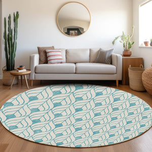 Homeroots 3' Beige And Ivory Geometric Washable Area Rug For Indoor & Outdoor Spaces, Durable And Stylish 8' Round Polyester 595777