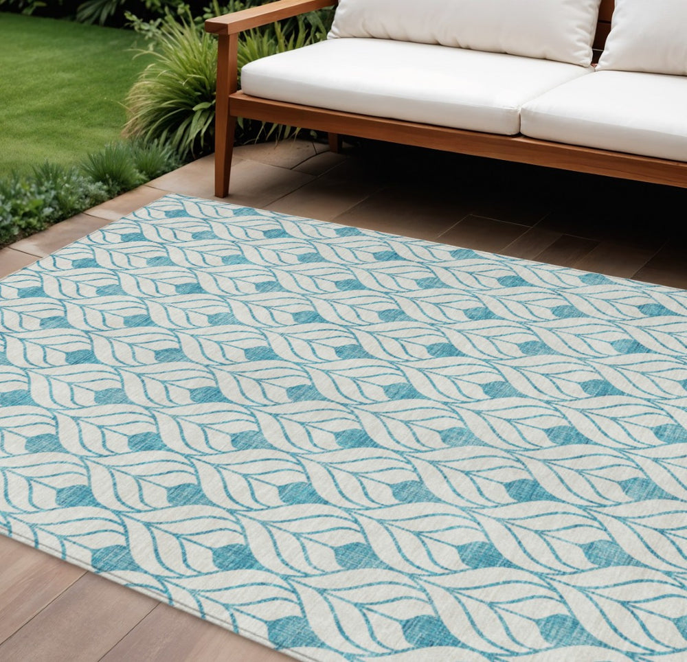 HomeRoots 9' X 12' Teal Blue Geometric Area Rug - Stylish, Washable, Indoor/Outdoor, Durable & Low-Maintenance! 595779