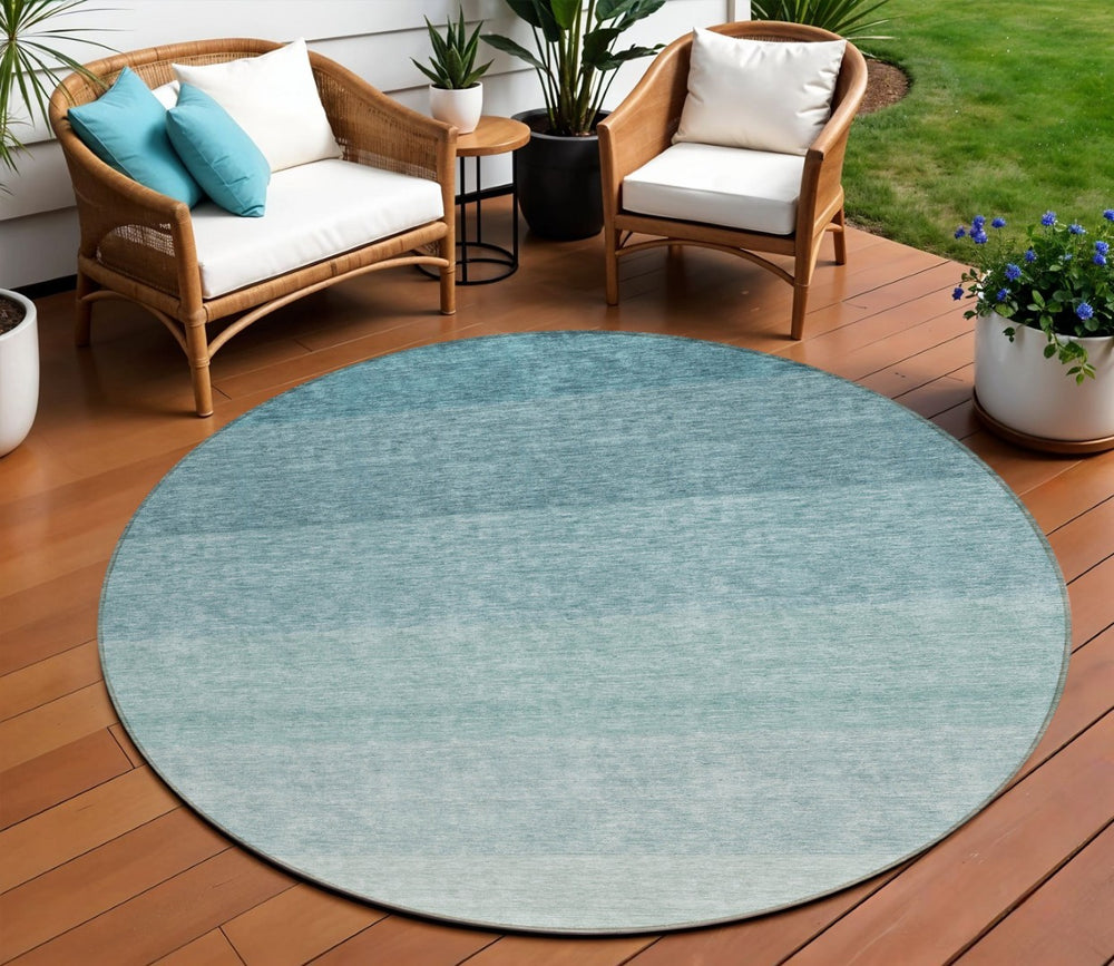 HomeRoots 5' Teal Blue and Ivory Ombre Indoor-Outdoor Area Rug - Durable, Stylish, and Easy to Clean for Any Space 8' Round 595837