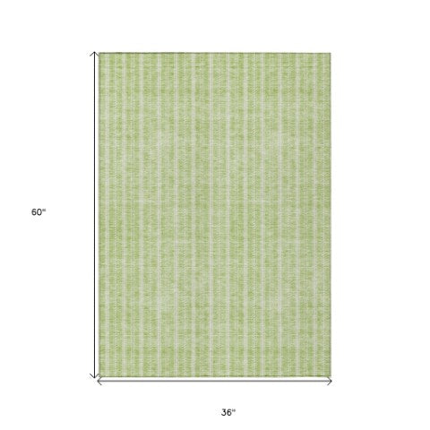 Homeroots 3' Artichoke Green And Ivory Striped Washable Rug For Indoor And Outdoor Spaces - Durable Design 3' X 5' Polyester 595841