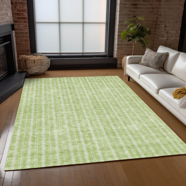 Homeroots 3' Artichoke Green And Ivory Striped Washable Rug For Indoor And Outdoor Spaces - Durable Design 8' X 10' Polyester 595844