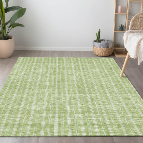 Homeroots 3' Artichoke Green And Ivory Striped Washable Rug For Indoor And Outdoor Spaces - Durable Design 9' X 12' Polyester 595845