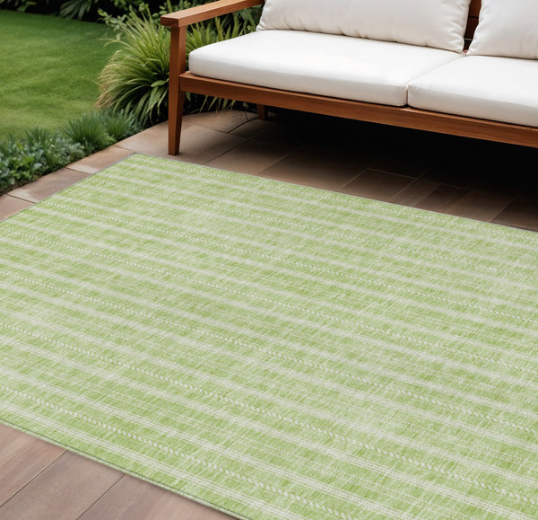Homeroots 3' Artichoke Green And Ivory Striped Washable Rug For Indoor And Outdoor Spaces - Durable Design 10' X 14' Polyester 595846