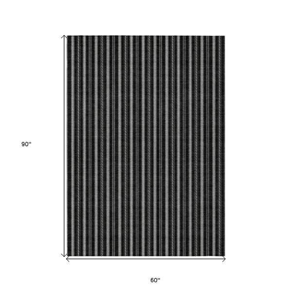 Homeroots 3' Artichoke Green And Ivory Striped Washable Rug For Indoor And Outdoor Spaces - Durable Design 5' X 8' Polyester 595848