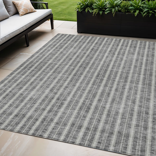 Homeroots 3' Artichoke Green And Ivory Striped Washable Rug For Indoor And Outdoor Spaces - Durable Design 5' X 8' Polyester 595866