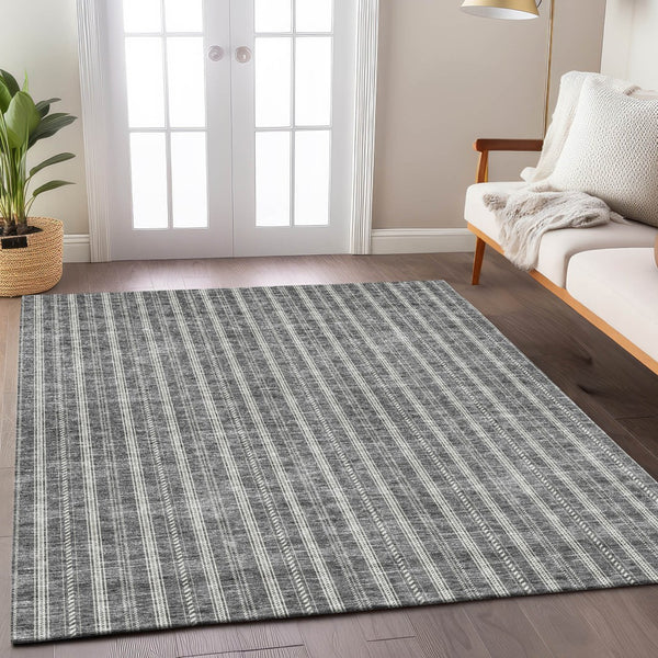 Homeroots 3' Artichoke Green And Ivory Striped Washable Rug For Indoor And Outdoor Spaces - Durable Design 10' X 14' Polyester 595870