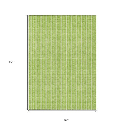 Homeroots 3' Artichoke Green And Ivory Striped Washable Rug For Indoor And Outdoor Spaces - Durable Design 5' X 8' Polyester 595878