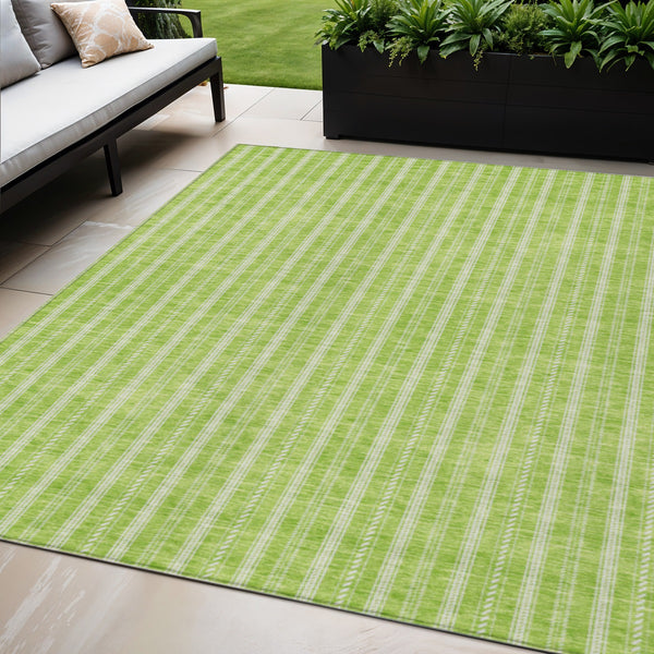 Homeroots 3' Artichoke Green And Ivory Striped Washable Rug For Indoor And Outdoor Spaces - Durable Design 5' X 8' Polyester 595878