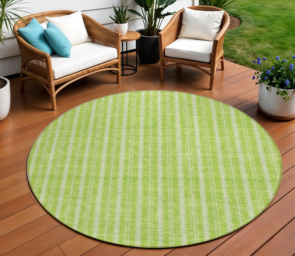 Homeroots 3' Artichoke Green And Ivory Striped Washable Rug For Indoor And Outdoor Spaces - Durable Design 8' Round Polyester 595879