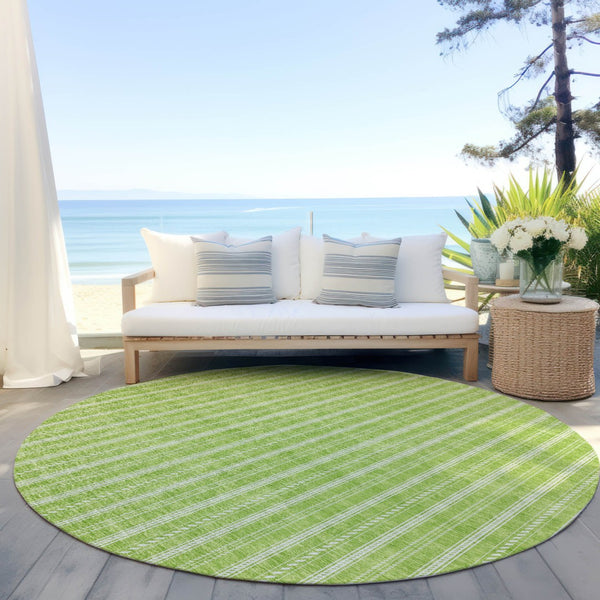 Homeroots 3' Artichoke Green And Ivory Striped Washable Rug For Indoor And Outdoor Spaces - Durable Design 8' Round Polyester 595879
