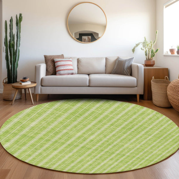 Homeroots 3' Artichoke Green And Ivory Striped Washable Rug For Indoor And Outdoor Spaces - Durable Design 8' Round Polyester 595879